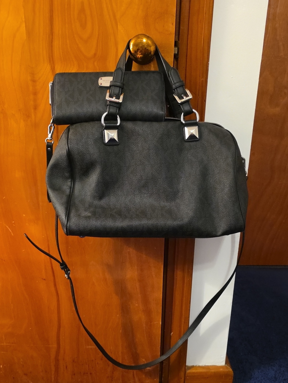 Authentic Michael Kors Black Duffel Bag with Removable Strap And Matching Wallet